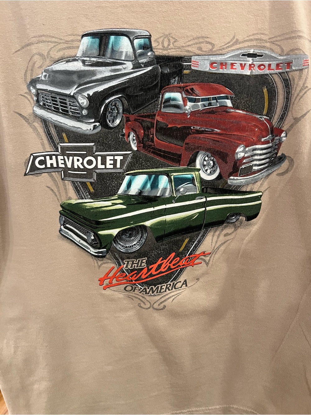Chevrolet Classic Trucks Graphic Tee - Tan with Red & Green Print